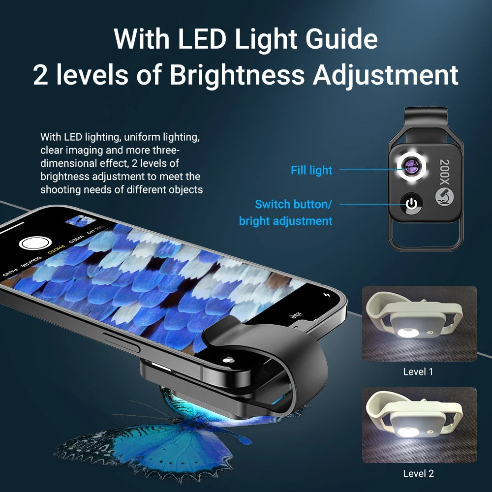 APEXEL Digital 200X Microscope Lens with CPL Mobile LED Guide Light Lamp Micro Pocket Supermacro Lens for Iphone Samsung Phones